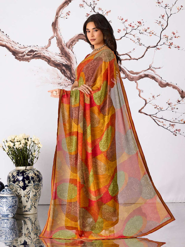 Orange abstract motif printed georgette saree festive wear