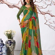 Green patchwork printed georgette saree daily wear