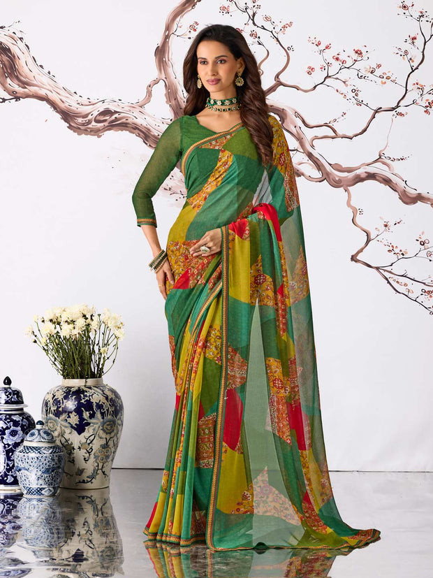 Green patchwork printed georgette saree daily wear
