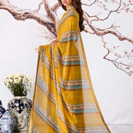 Yellow striped printed georgette saree party wear