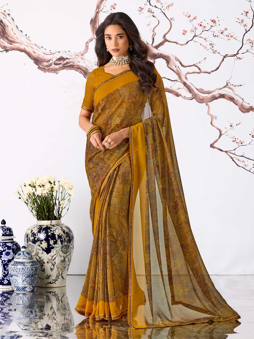 Brown geometric printed georgette saree daily wear
