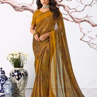 Brown geometric printed georgette saree daily wear