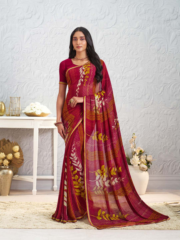 Pink floral printed georgette saree festive wear