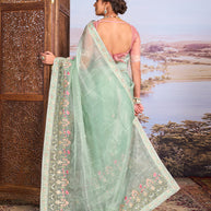 Green floral embroidered tissue organza saree party wear