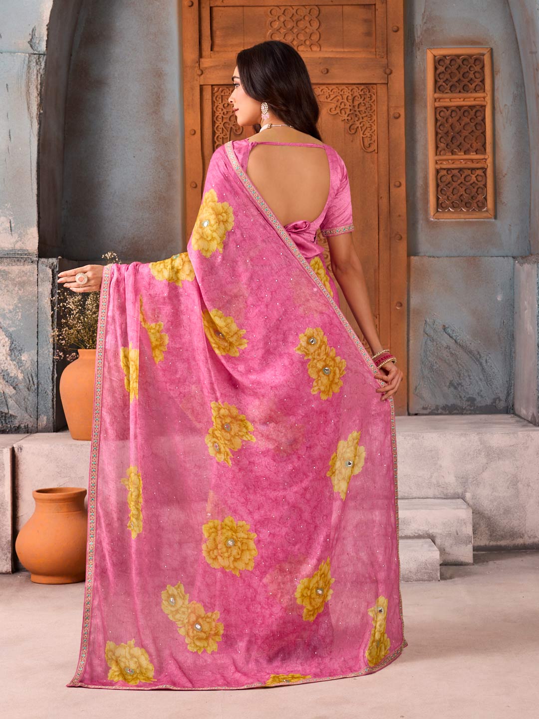 Pink floral embellished chiffon saree festive wear