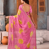 Pink floral embellished chiffon saree festive wear