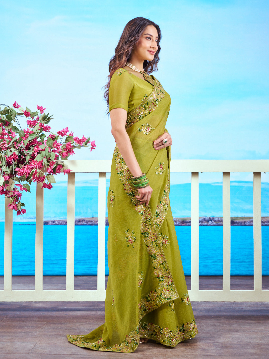 Olive Green sequin embroidered Chiffon saree occasion wear