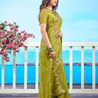 Olive Green sequin embroidered Chiffon saree occasion wear
