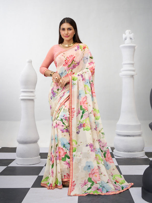 White floral printed georgette saree elegant wear