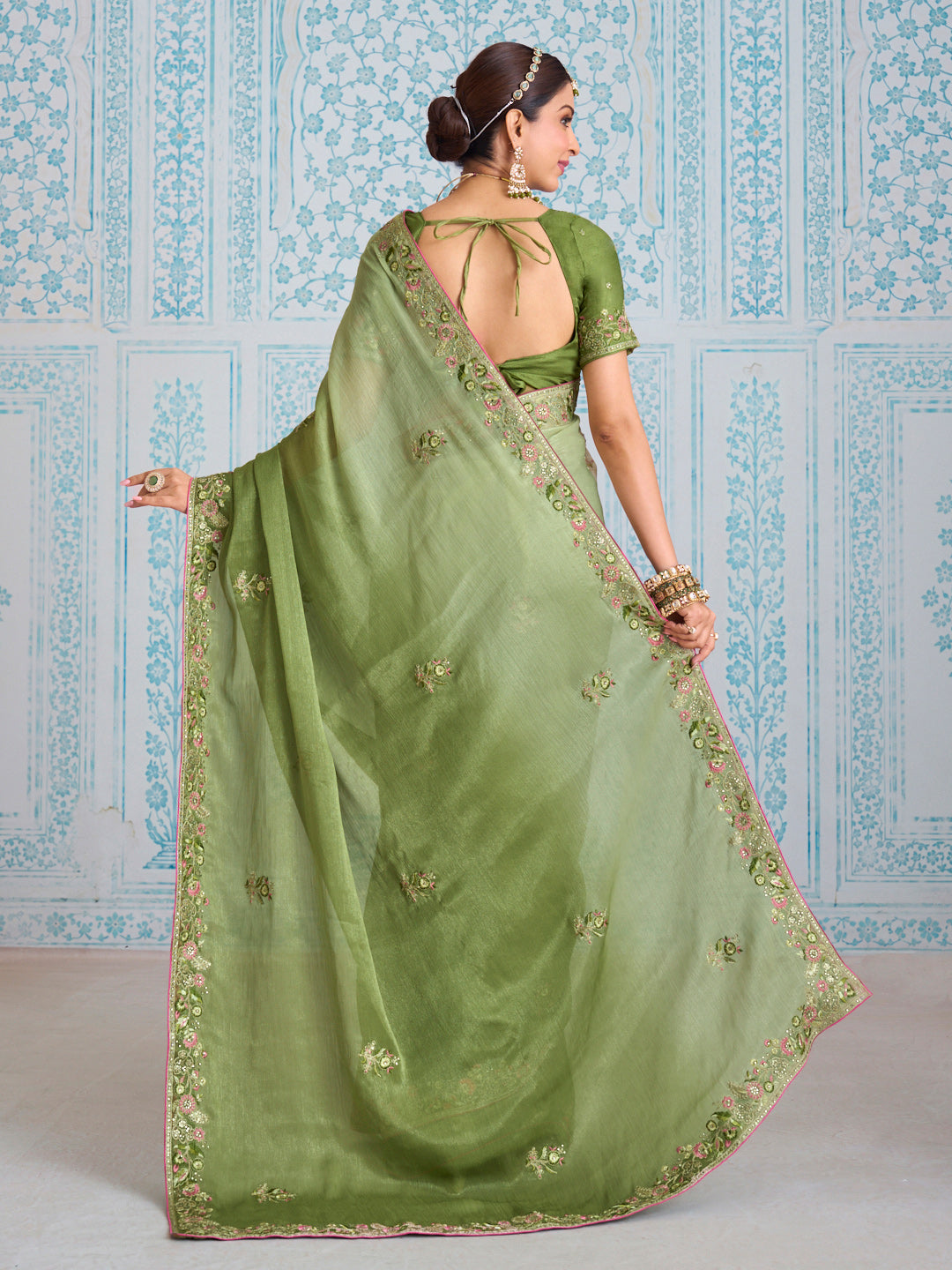 Laxmipati Aanya Green Chiffon Embroidered Saree