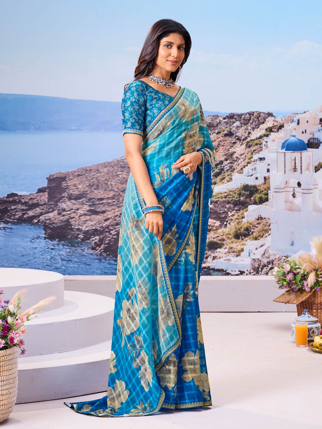 Blue printed saree daily wear