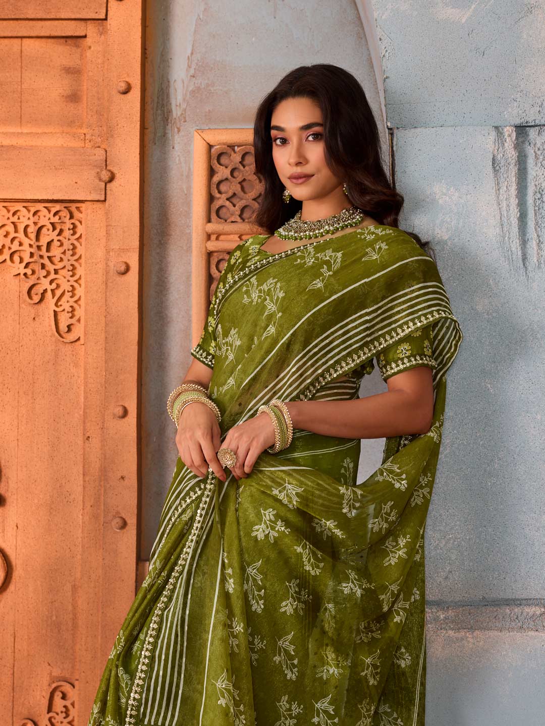 Green floral embellished chiffon saree wedding wear