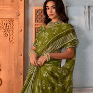 Green floral embellished chiffon saree wedding wear