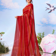 Red ikat printed chiffon saree ethnic wear
