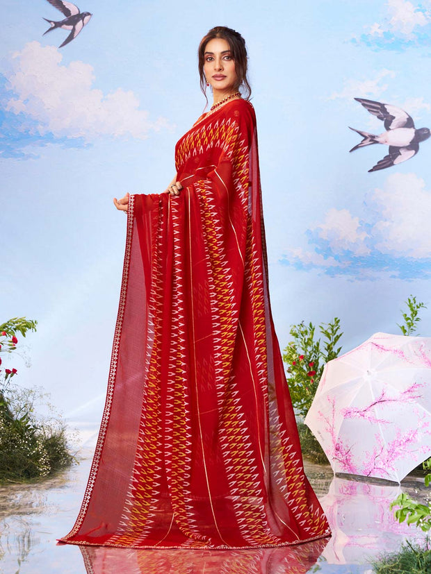 Red ikat printed chiffon saree ethnic wear