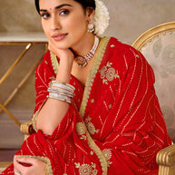 Red embroidered chiffon saree party wear