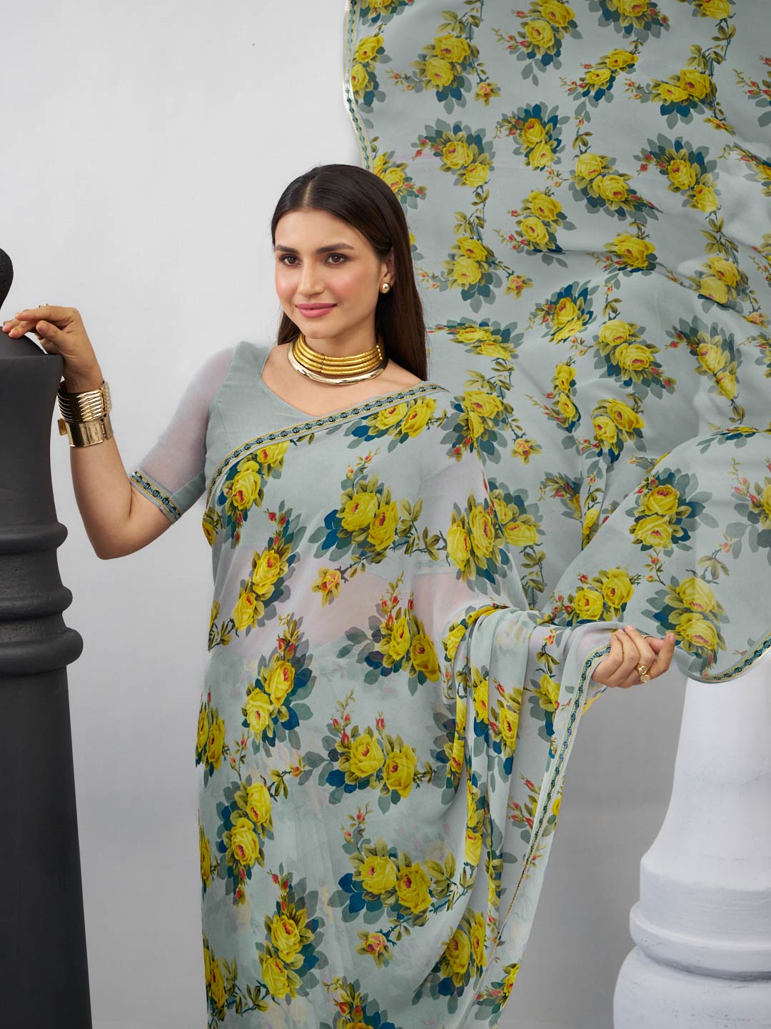 Grey floral georgette saree trendy design