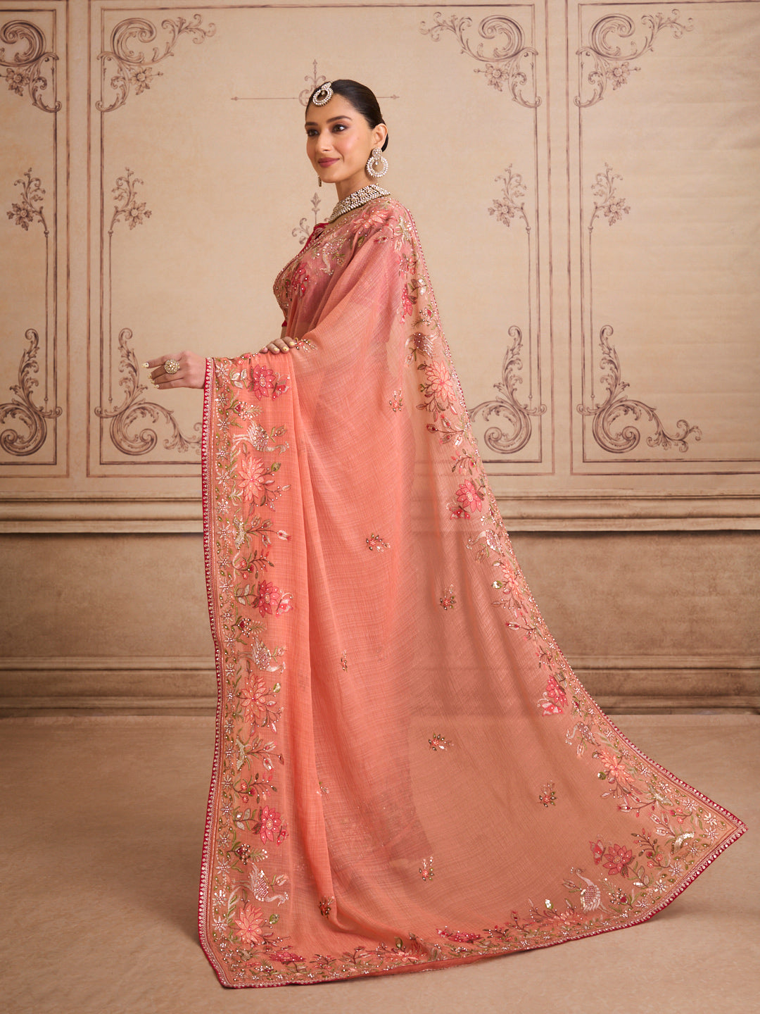 Peach floral embroidered chiffon saree daily wear