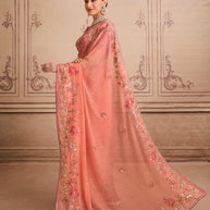 Peach floral embroidered chiffon saree daily wear