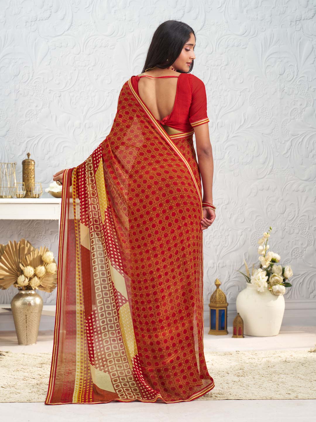 Brown floral printed georgette saree party wear