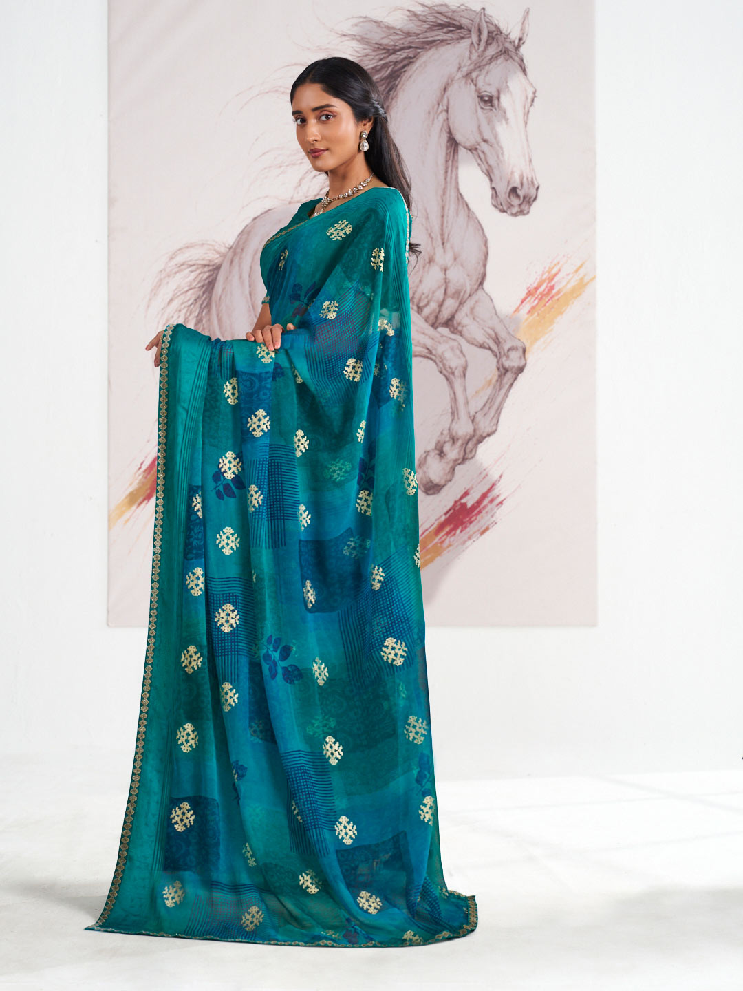 Laxmipati Murli Blue Georgette Floral Saree