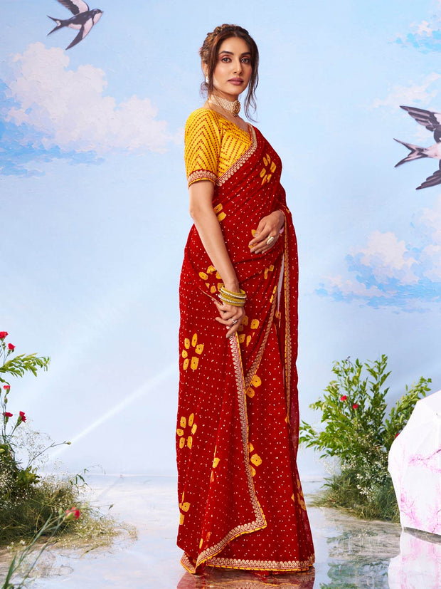 Red floral printed georgette saree party wear
