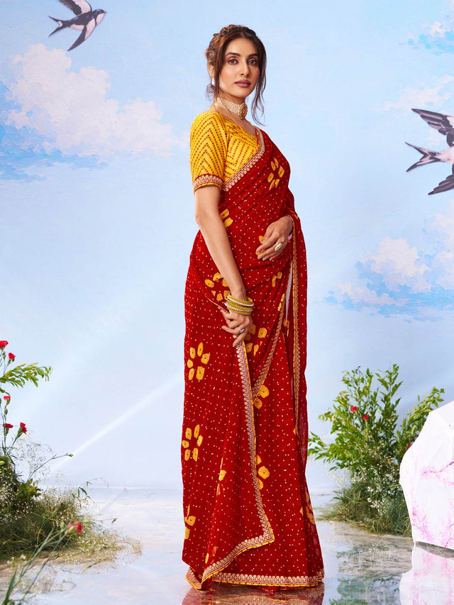 Red floral printed georgette saree party wear