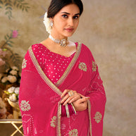 Pink floral embroidered chiffon saree festive wear