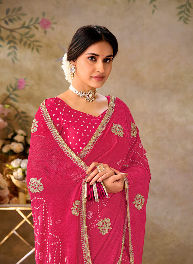 Pink floral embroidered chiffon saree festive wear