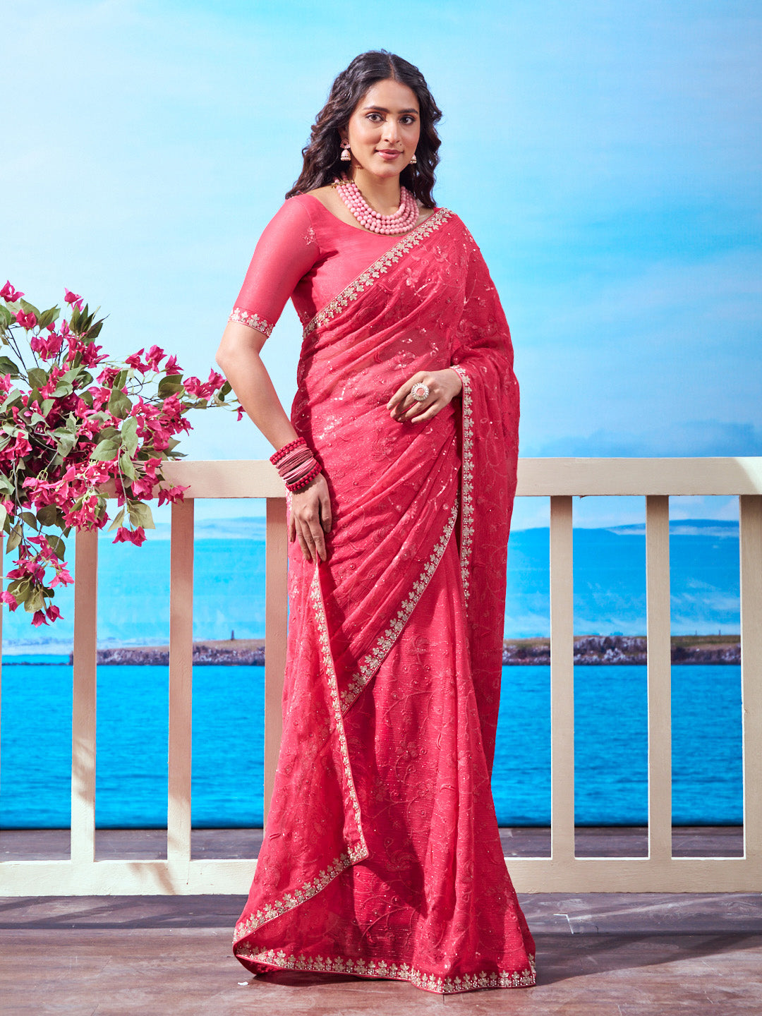 Red embellished embroidered chiffon saree wedding wear