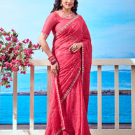 Red embellished embroidered chiffon saree wedding wear