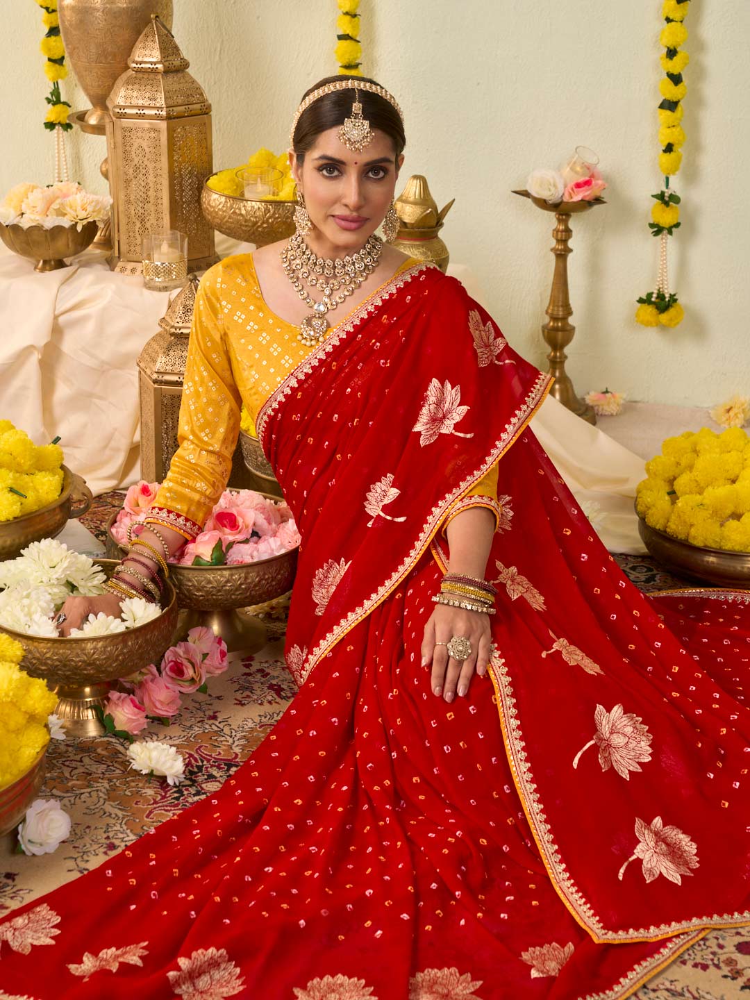 Red bandhani printed georgette saree wedding wear