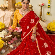 Red bandhani printed georgette saree wedding wear