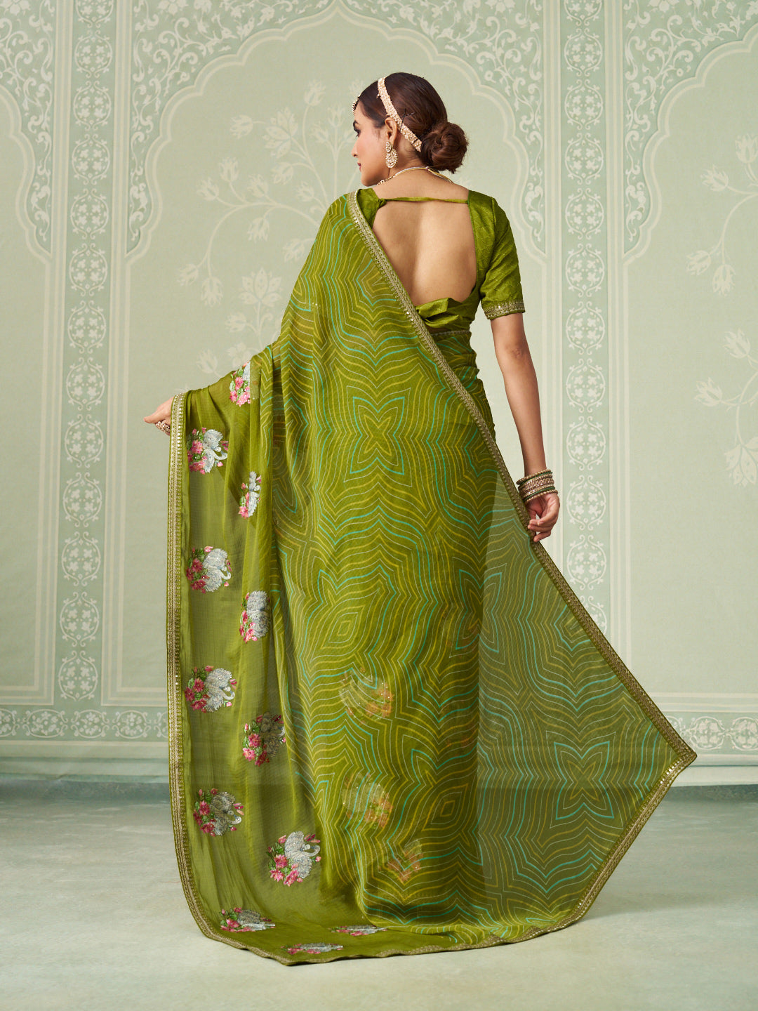 Green floral embroidered chiffon saree party wear