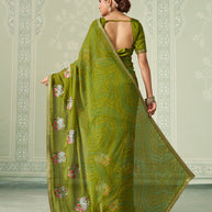 Green floral embroidered chiffon saree party wear