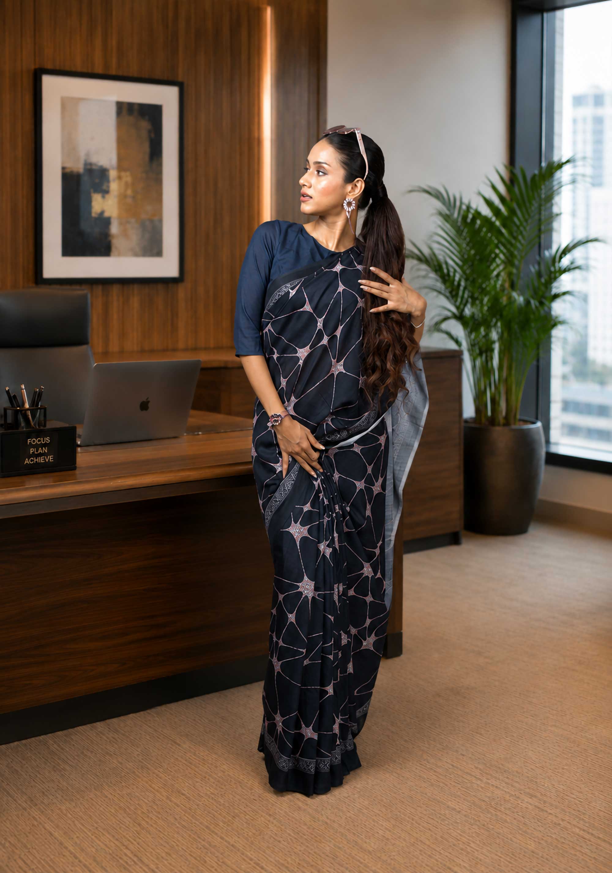 Navy Blue abstract printed cotton blend saree formal wear