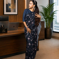 Navy Blue abstract printed cotton blend saree formal wear
