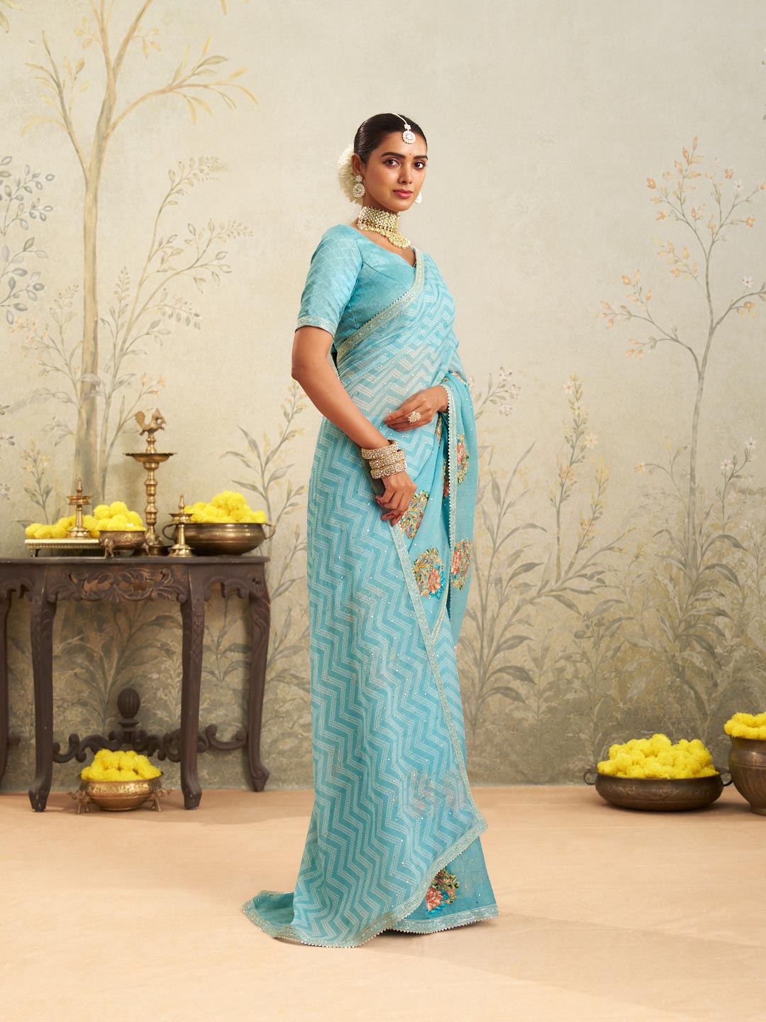 Blue floral embroidered chiffon saree casual wear