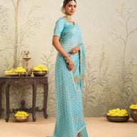 Blue floral embroidered chiffon saree casual wear