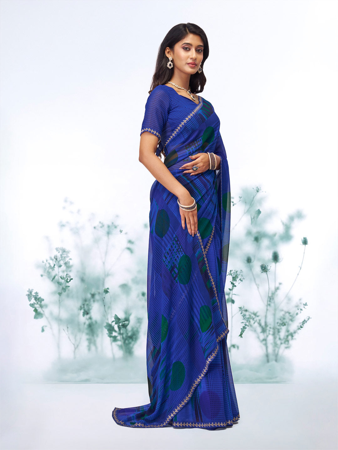 Blue geometric printed georgette saree party wear