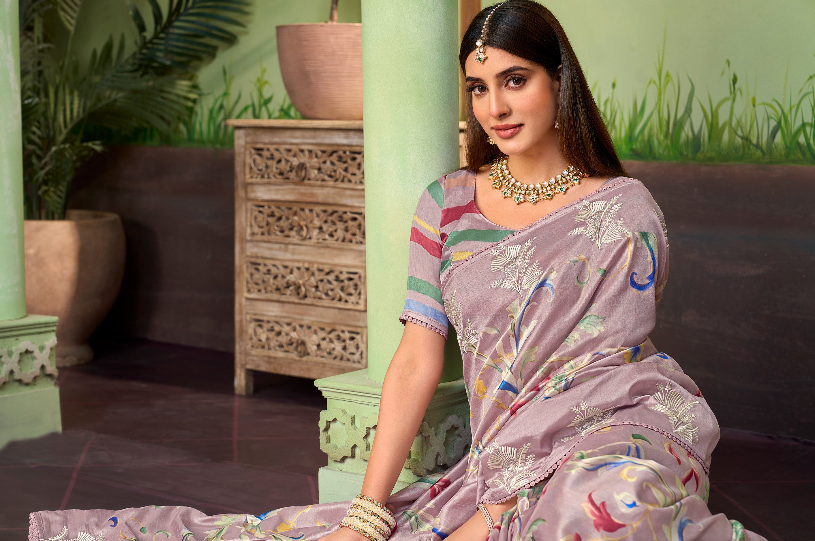 purple embroidered silk blend saree party wear