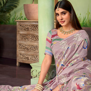 purple embroidered silk blend saree party wear