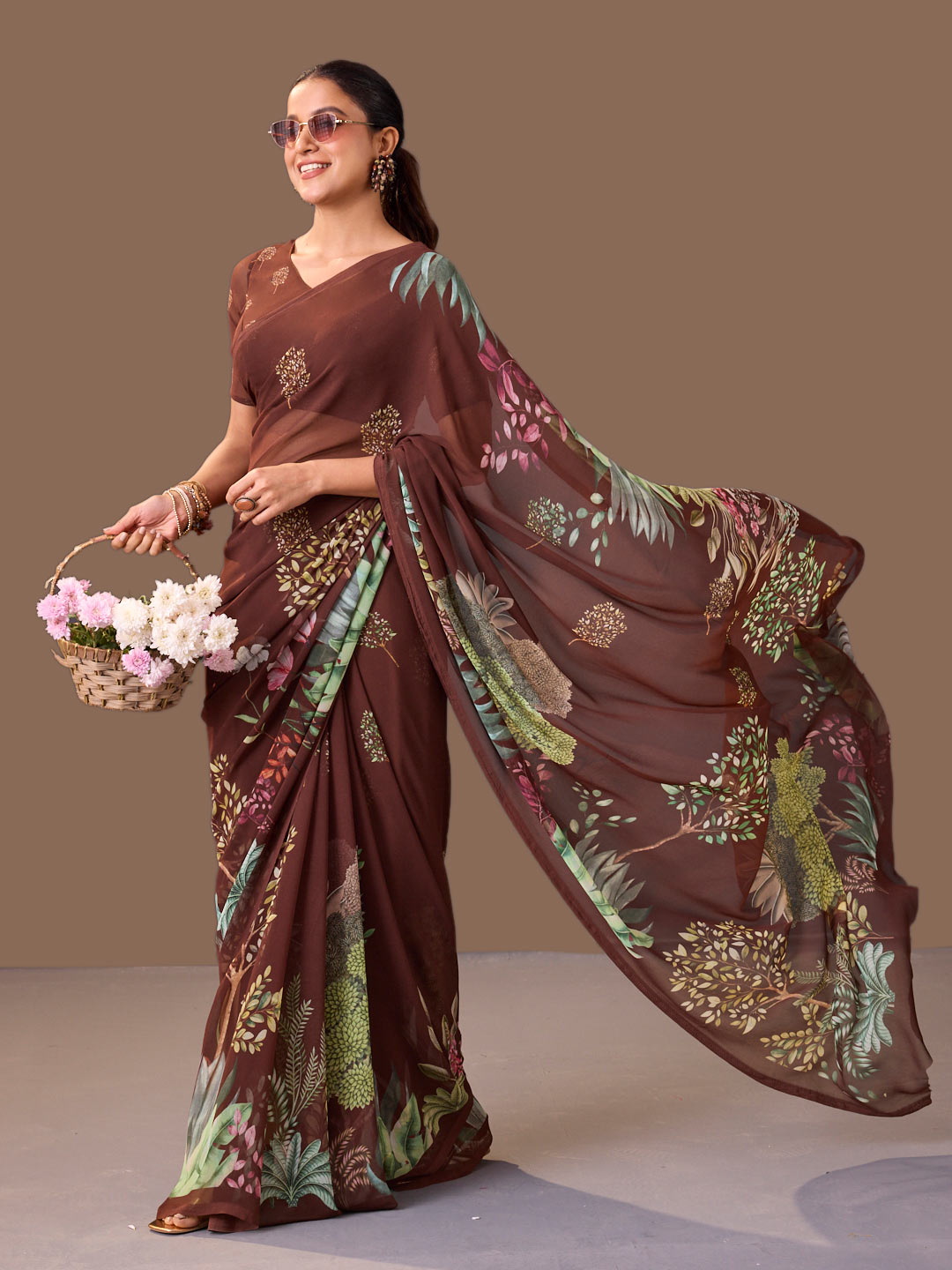 Laxmipati Dillagi Brown Georgette Floral Saree