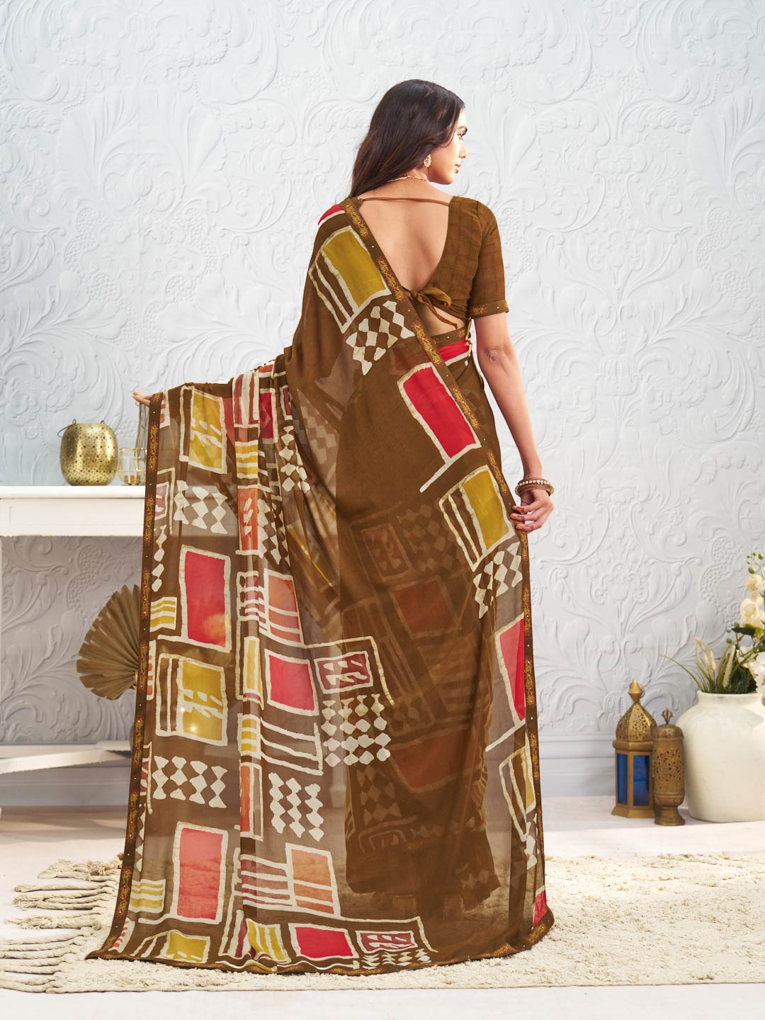 Brown geometric printed georgette saree party wear