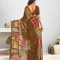 Brown geometric printed georgette saree party wear