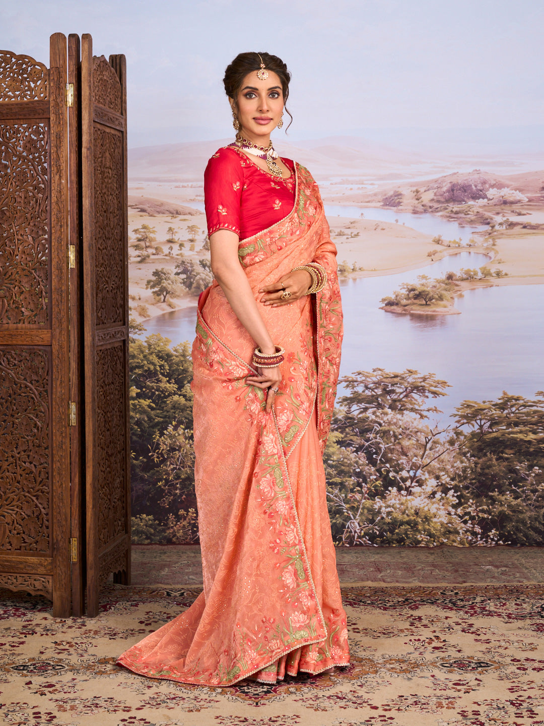 Brown floral embroidered chiffon saree wedding wear