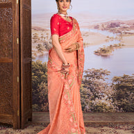 Brown floral embroidered chiffon saree wedding wear