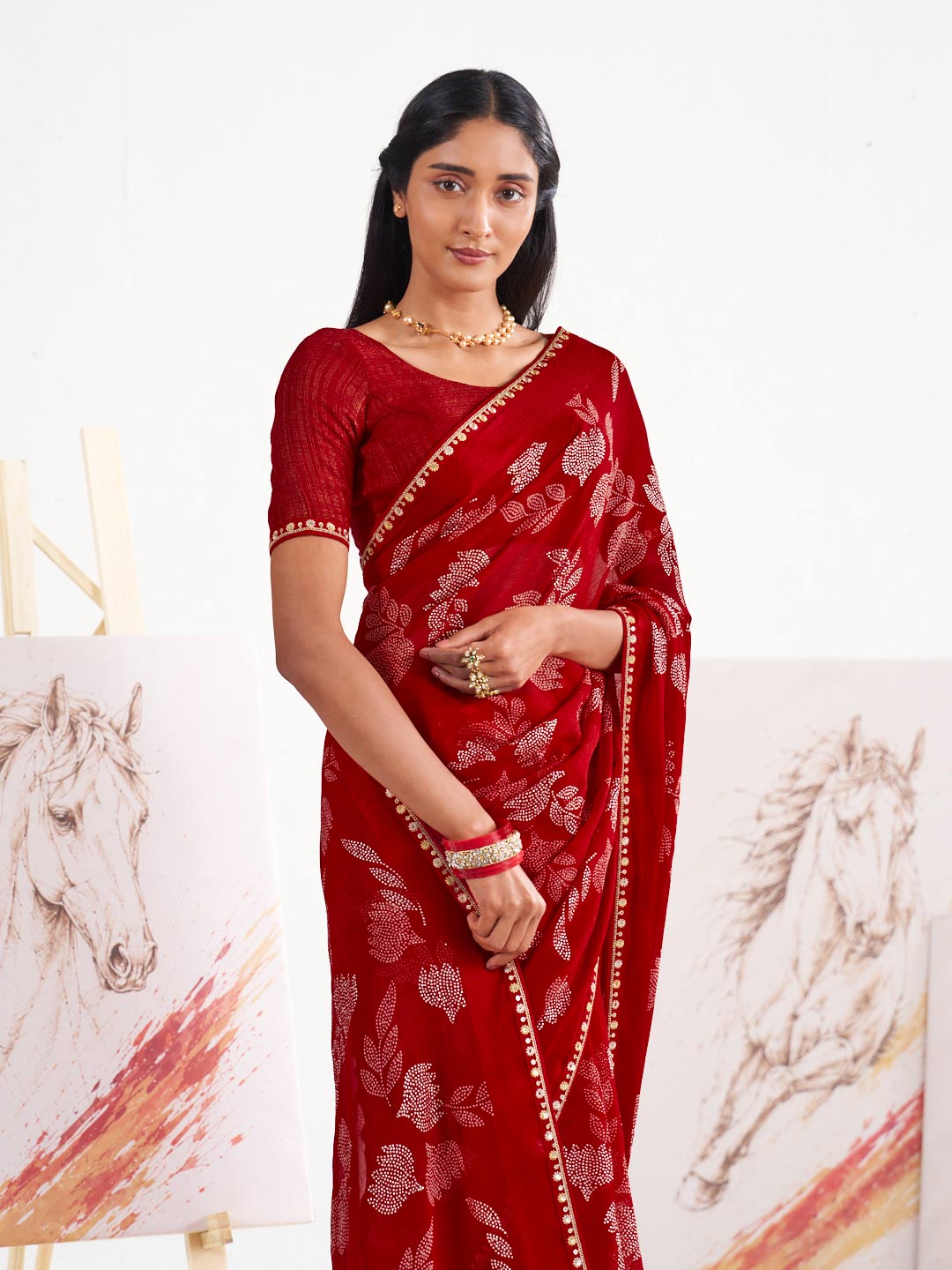 Laxmipati Murli Red Chiffon Floral Saree