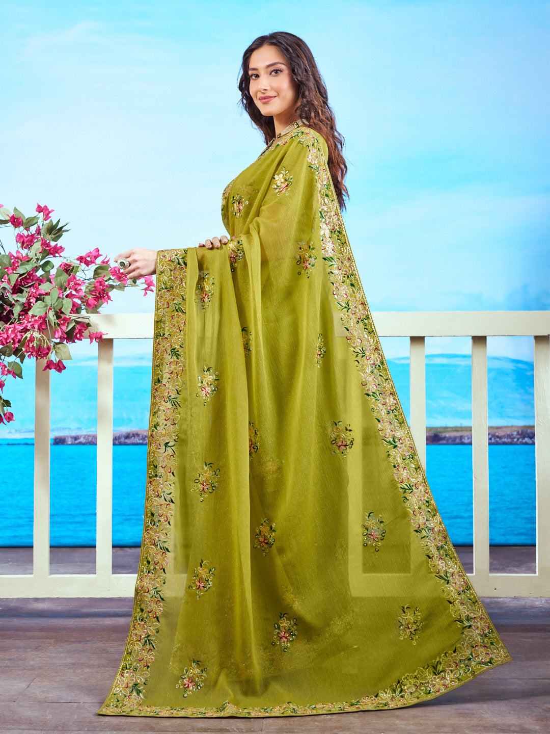  Olive Green floral embroidered Chiffon saree elegant wear 