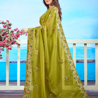  Olive Green floral embroidered Chiffon saree elegant wear 